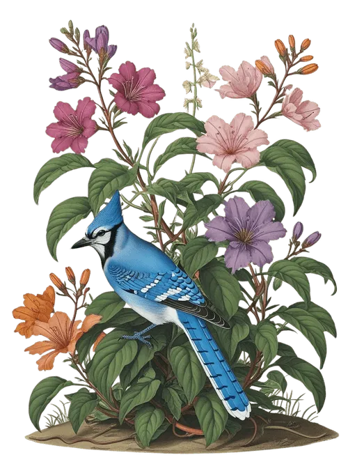 A bluejay hanging out on some flowers.