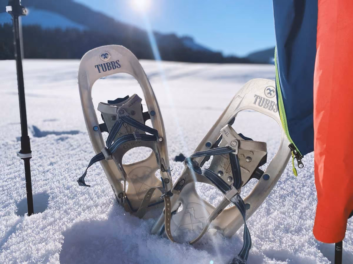 Schneeschuhe stecken in Schnee.