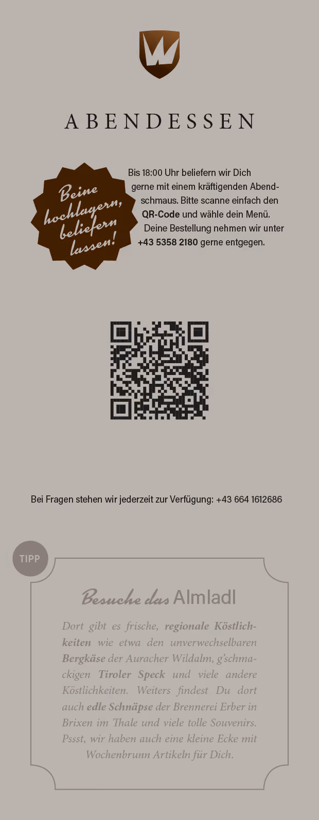 Wochenbrunner Lieferservicekarte für Ihr Abendessen in den Wochenbrunner Chalets.