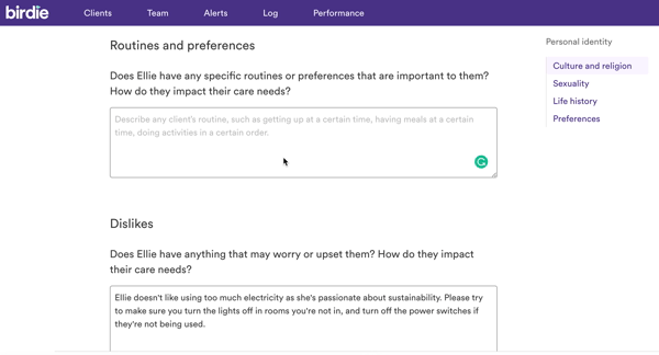 Screen showing person adding notes to Birdie