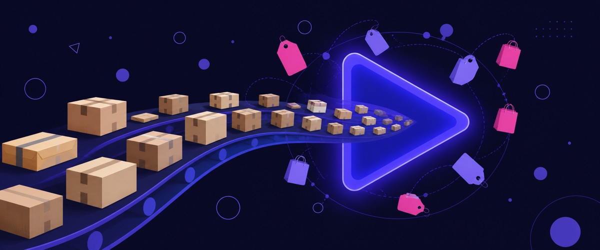 Product boxes flowing into a play button