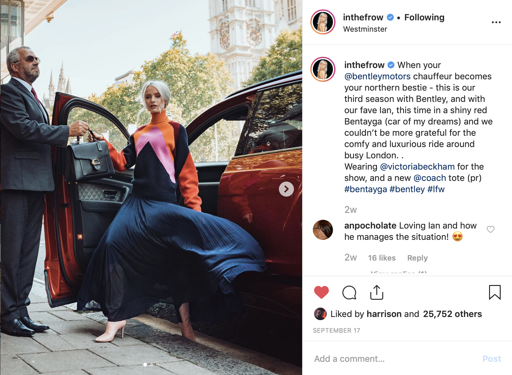 Screen shot of InTheFrows Instagram