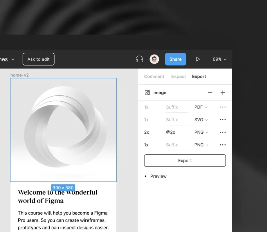 The export Tab is selected and shows the different file formats and scales it will be exported to.