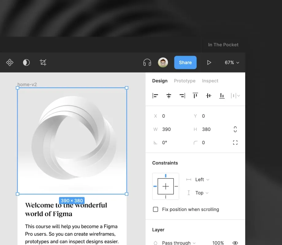 When a layer is selected, the design panel shows all properties you can edit for the selected layers.