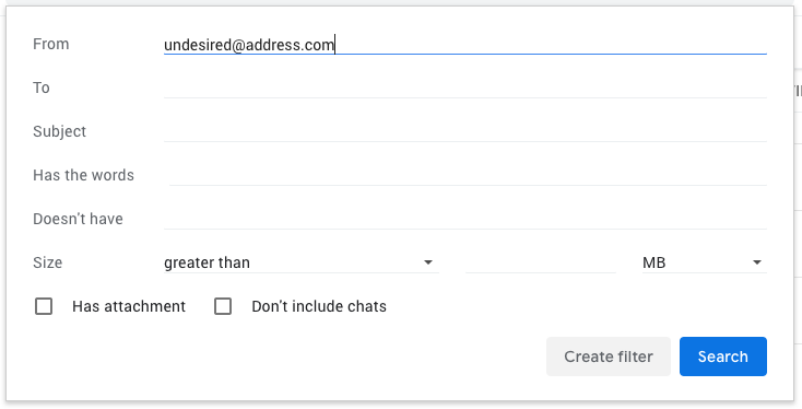 UI section of Gmail, showing the list of possible criteria for the filters