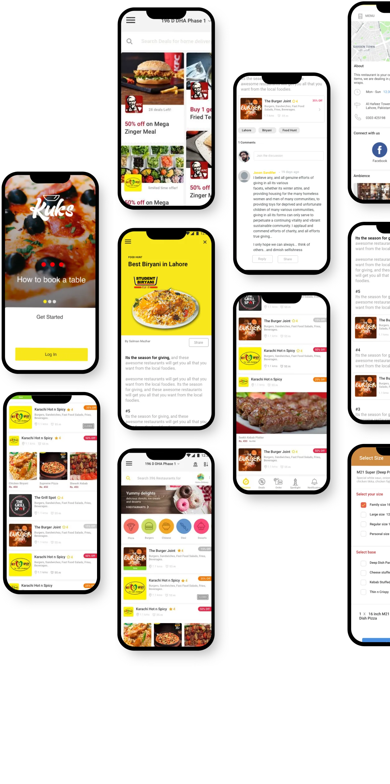 Collage of mobile app screens showing restaurant listings, food items like biryani and pizza, discounts, user comments, and a table booking interface.