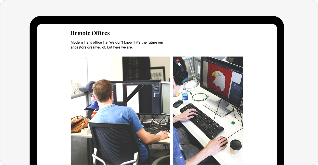 Two people working on desktop computers in a modern office, one editing a design with a graphic of an eagle on screen.