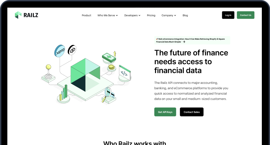 Railz website homepage showing financial data integration with APIs connecting accounting, banking, and eCommerce platforms and options to get API keys or contact sales.