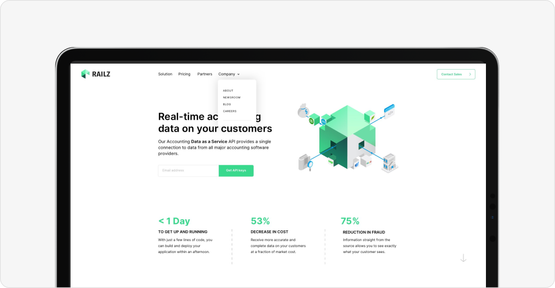 Website homepage on tablet showing RAILZ API offering real-time accounting data with statistics on setup speed, cost decrease, and fraud reduction.