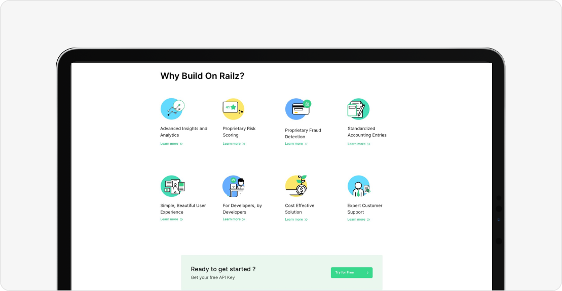Tablet screen showing reasons to build on Railz including advanced insights, risk scoring, fraud detection, accounting entries, user experience, developer focus, cost-effective solution, and expert customer support.