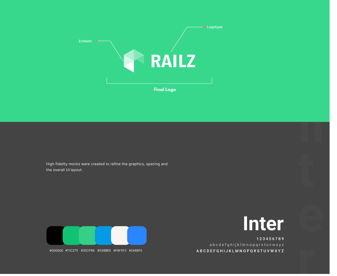 RAILZ logo with a geometric emblem and logotype on a green background, color palette and Inter font styles on dark gray background.