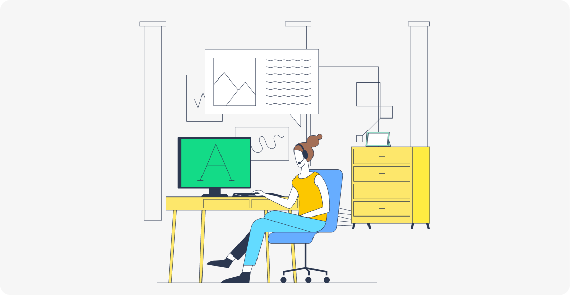 Illustration of a person wearing a headset, sitting in a blue chair at a desk working on a computer with a large green screen showing a letter A.
