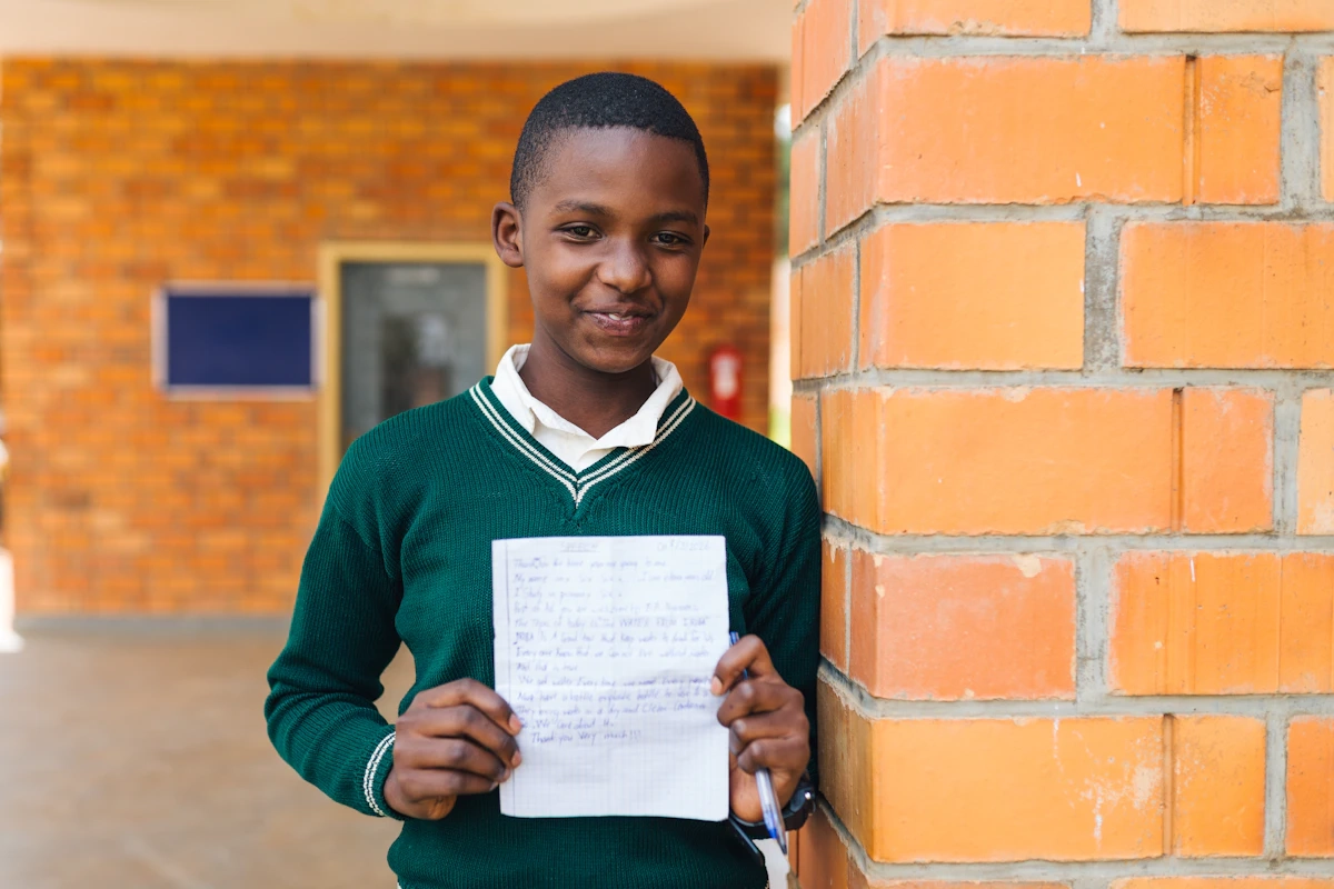 A smiling girl in a dark green school sweater holds up a handwritten thank-you note while standing beside a brick column outside her school.
