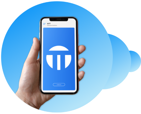 A hand holding a mobile phone with the company logo displayed on the screen