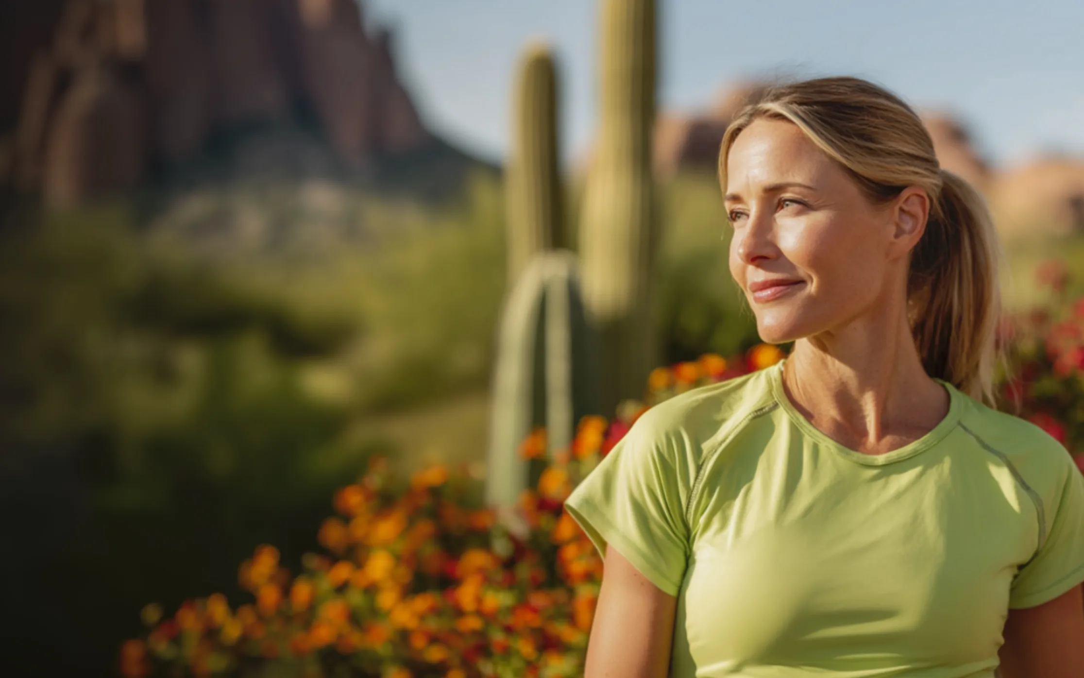 Woman in a light green shirt standing outdoors with cacti, orange flowers, and rocky hills in the background.