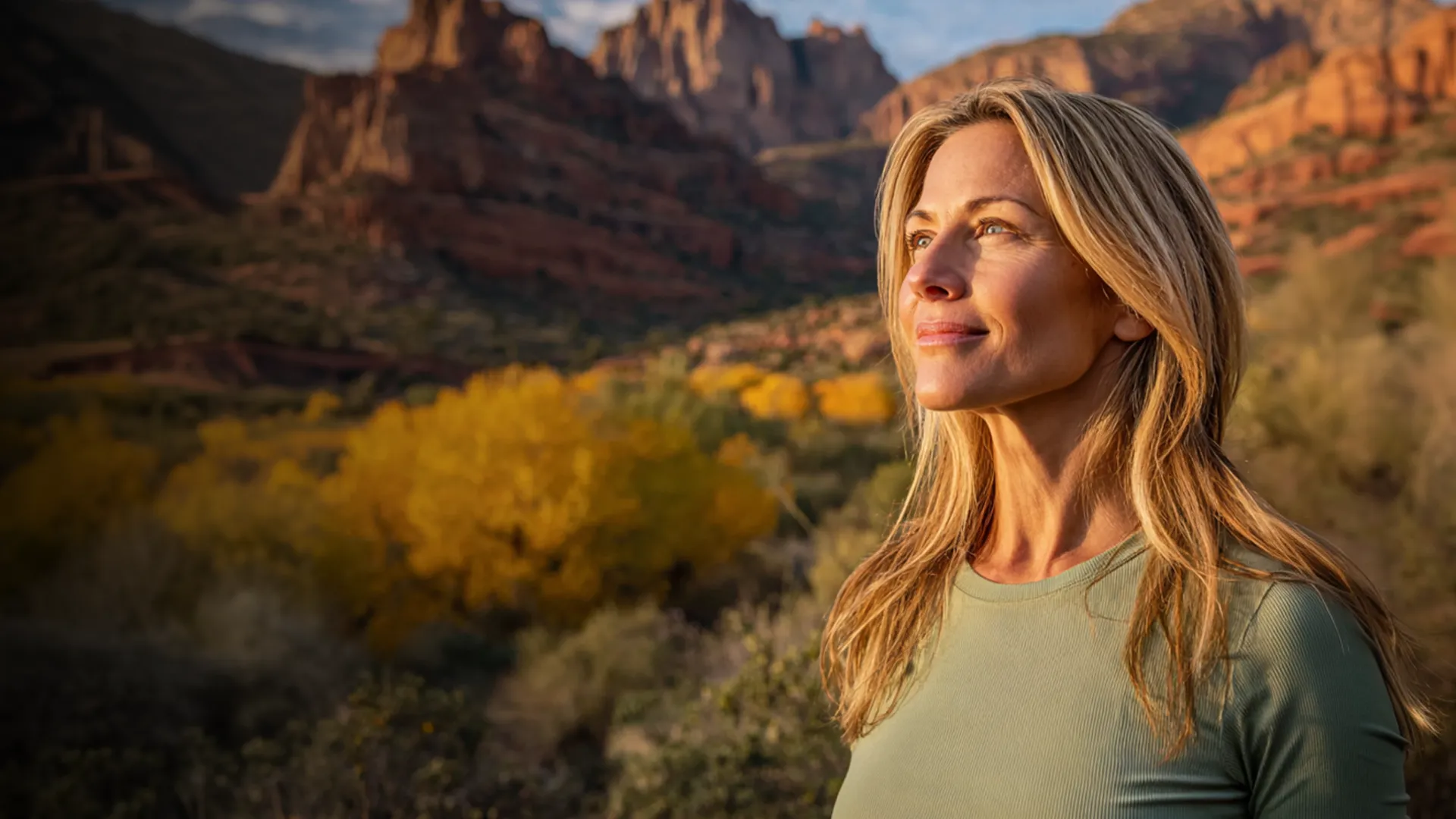 Blonde woman in green shirt looking thoughtfully toward the sun with canyon and yellow trees behind.