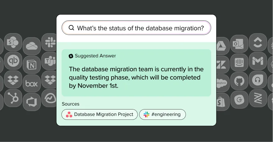 Someone searching for "What's the status of the database migration?" and Guru returning an instant AI answer based on content from Asana and Slack.