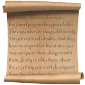A rolled parchment scroll with faint, partially readable cursive text.