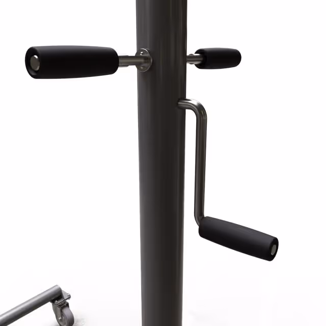 Close-up of a black metal pole with two horizontal and one vertical handle grips covered in black padding.