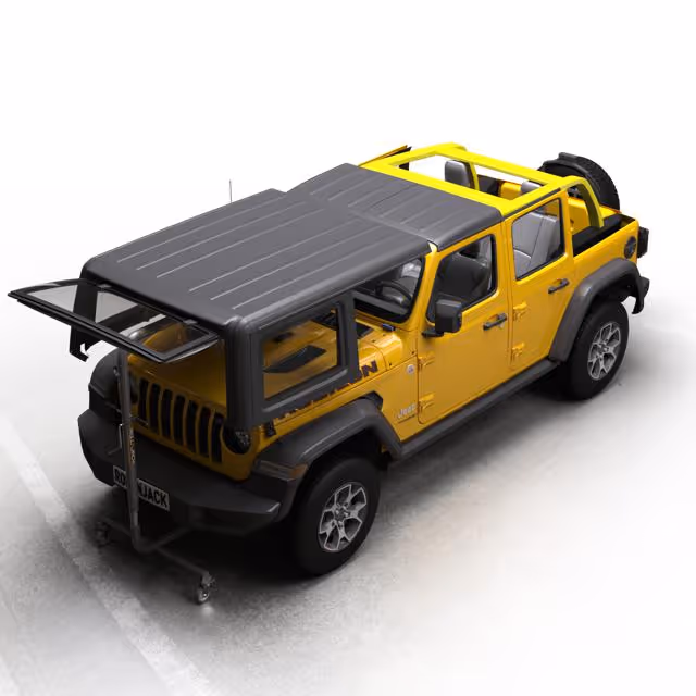 Yellow Jeep Rubicon with partially open rear glass window and soft top roof, shown from a rear-side angle.