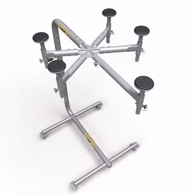 Adjustable silver metal frame bike rack stand with six padded supports and caster wheels on a white background.