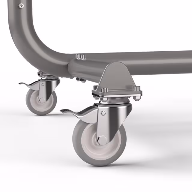 Close-up of two grey swivel caster wheels with locking levers attached to a metal frame.