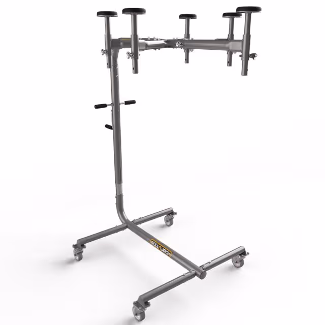 Gray adjustable metal stand with cushioned pad holders and four caster wheels, designed for supporting heavy equipment or body parts.