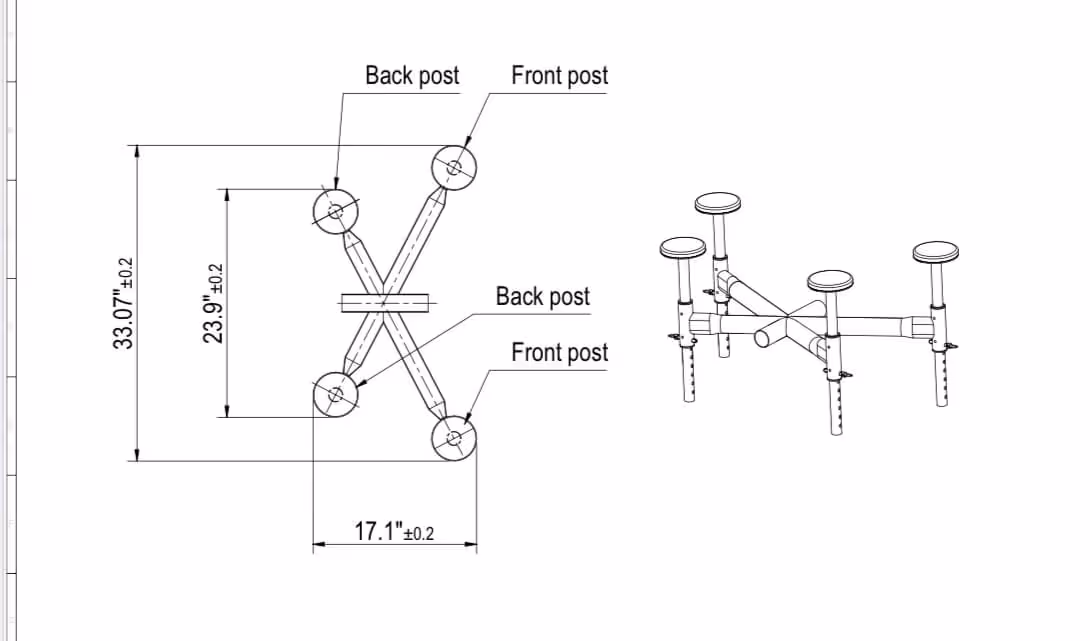 Technical drawing and 3D illustration of a structure with four adjustable posts labeled front and back, with dimensions 33.07 inches height, 23.9 inches depth, and 17.1 inches width.
