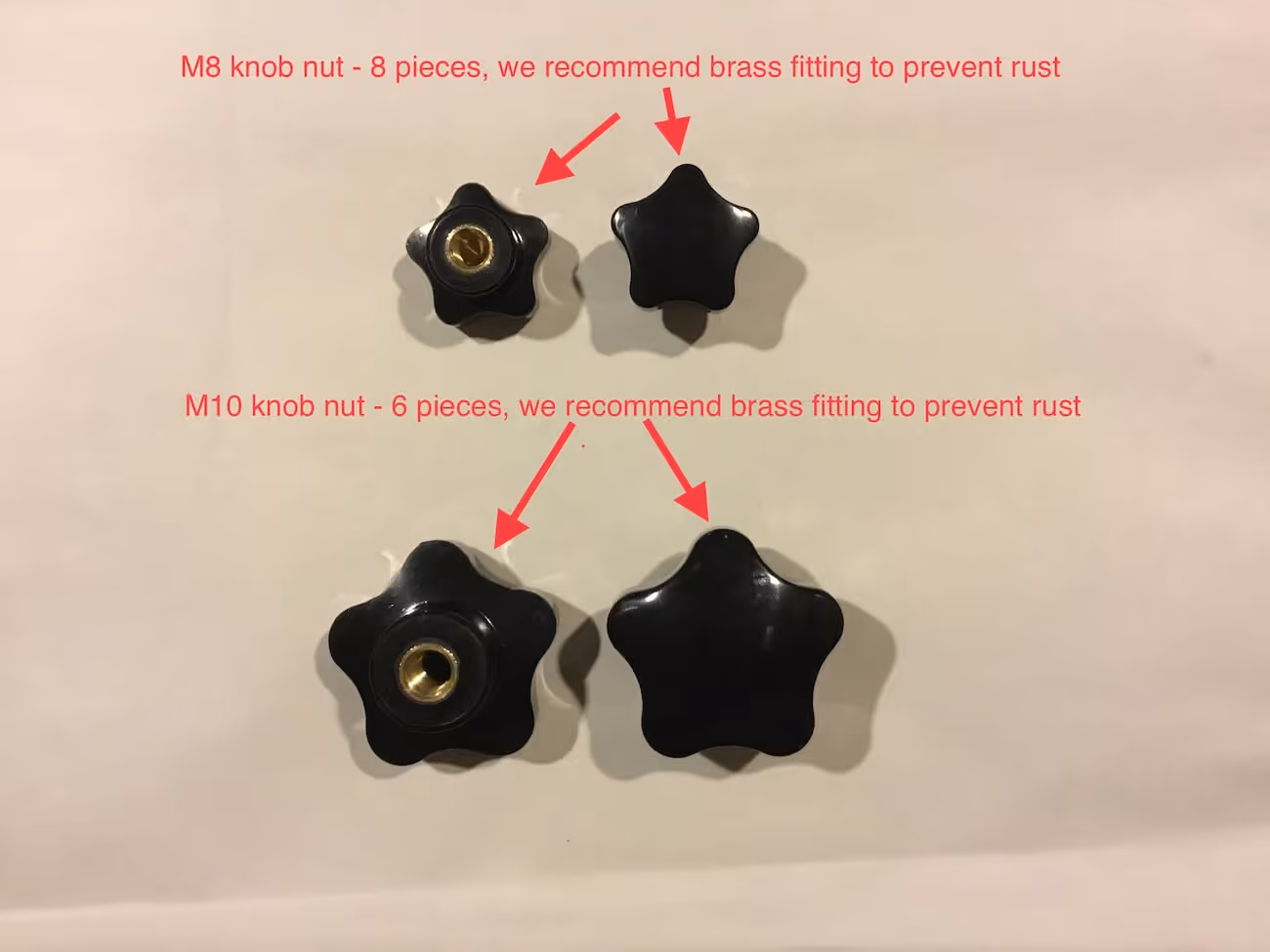 6 each of M8 and M10 knob nuts with brass fittings. 