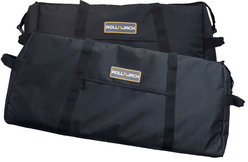 Two black rectangular RollnJack branded soft carrying cases with handles and a front zipper pocket on one case.