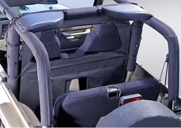 Interior rear view of a convertible vehicle with roll bars and padded headrests.