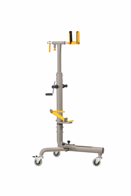 Adjustable gray metal bike repair stand with yellow clamps and wheels on a white background.