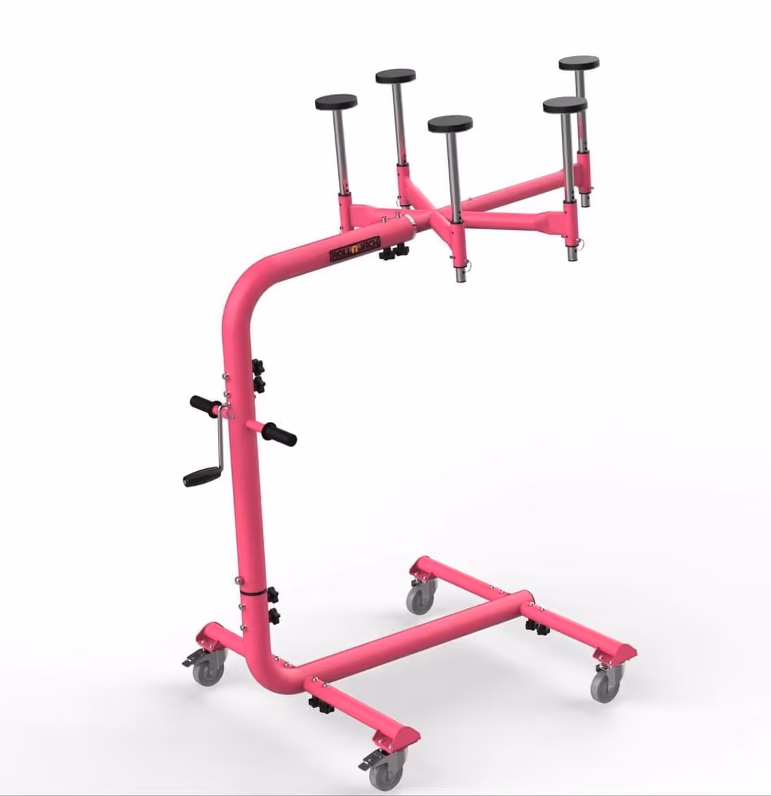 Pink adjustable drywall panel lift with four padded support arms and caster wheels.
