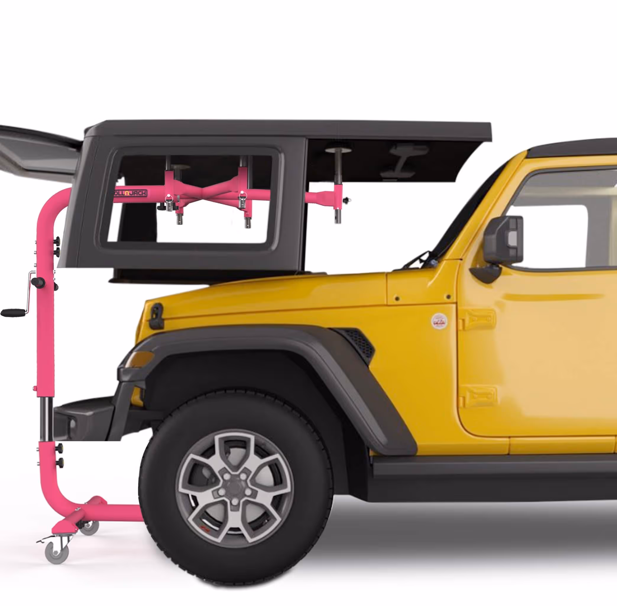 Yellow Jeep with a pink roll bar removal tool attached to the side and rear.