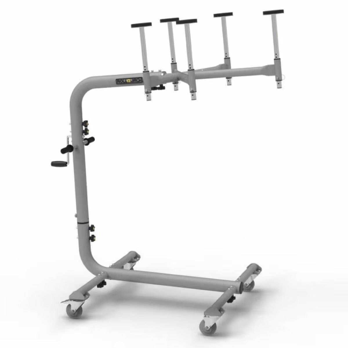 Adjustable drywall panel lift with four vertical supports and caster wheels for mobility.