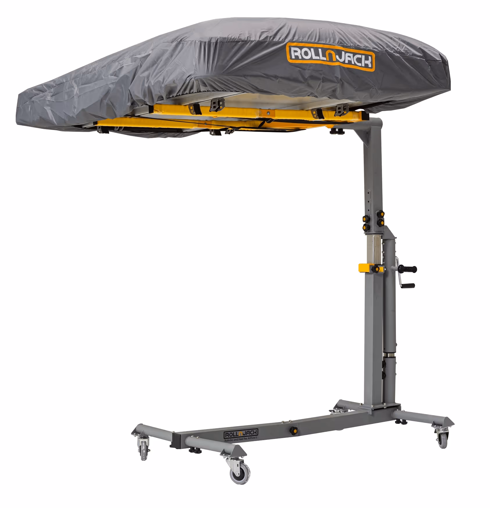 Roll-N-Jack tent lift system with a covered rooftop tent mounted on a gray metal frame with caster wheels and a hand crank.