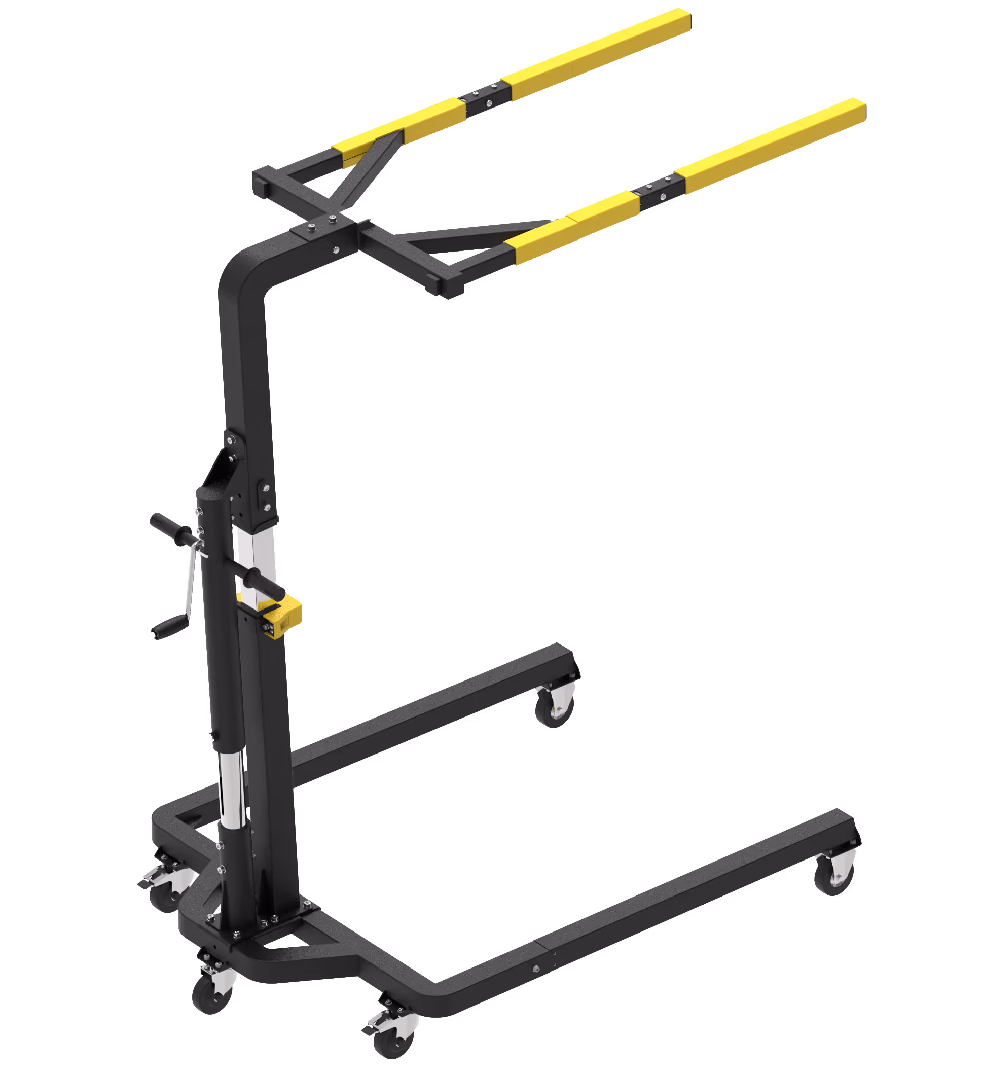 Black and yellow adjustable engine hoist with four caster wheels and a hand crank.