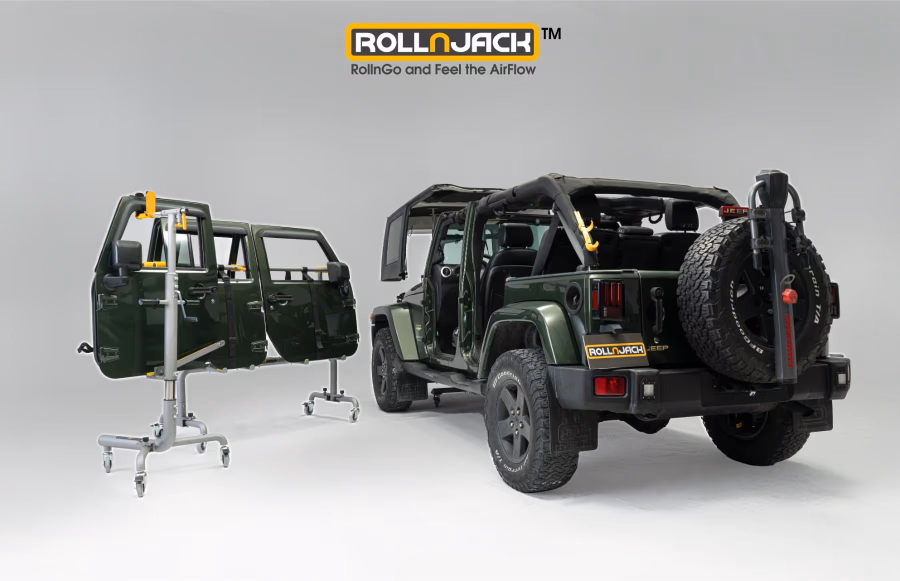Dark green Jeep with its doors removed and displayed on a wheeled stand nearby, showcasing the RollnJack door removal system.