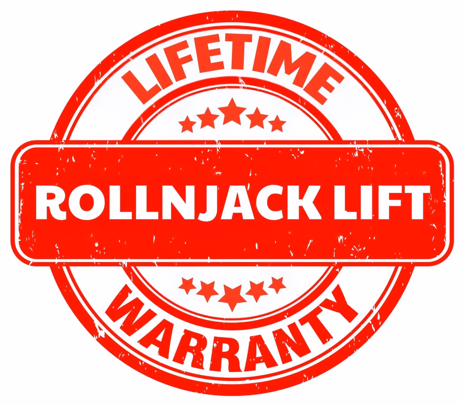 Red circular stamp with the text 'Lifetime Warranty' surrounding the bold words 'Rollnjack Lift' in the center.