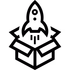 Rocket launching out of an open box icon representing product launch or innovation.