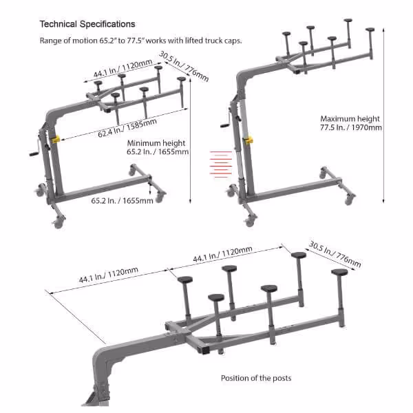 Technical diagram showing adjustable metal rack with dimensions; range of motion from 65.2 to 77.5 inches, minimum height 65.2 inches, maximum height 77.5 inches, width 44.1 inches, depth 30.5 inches, and position of posts detailed.