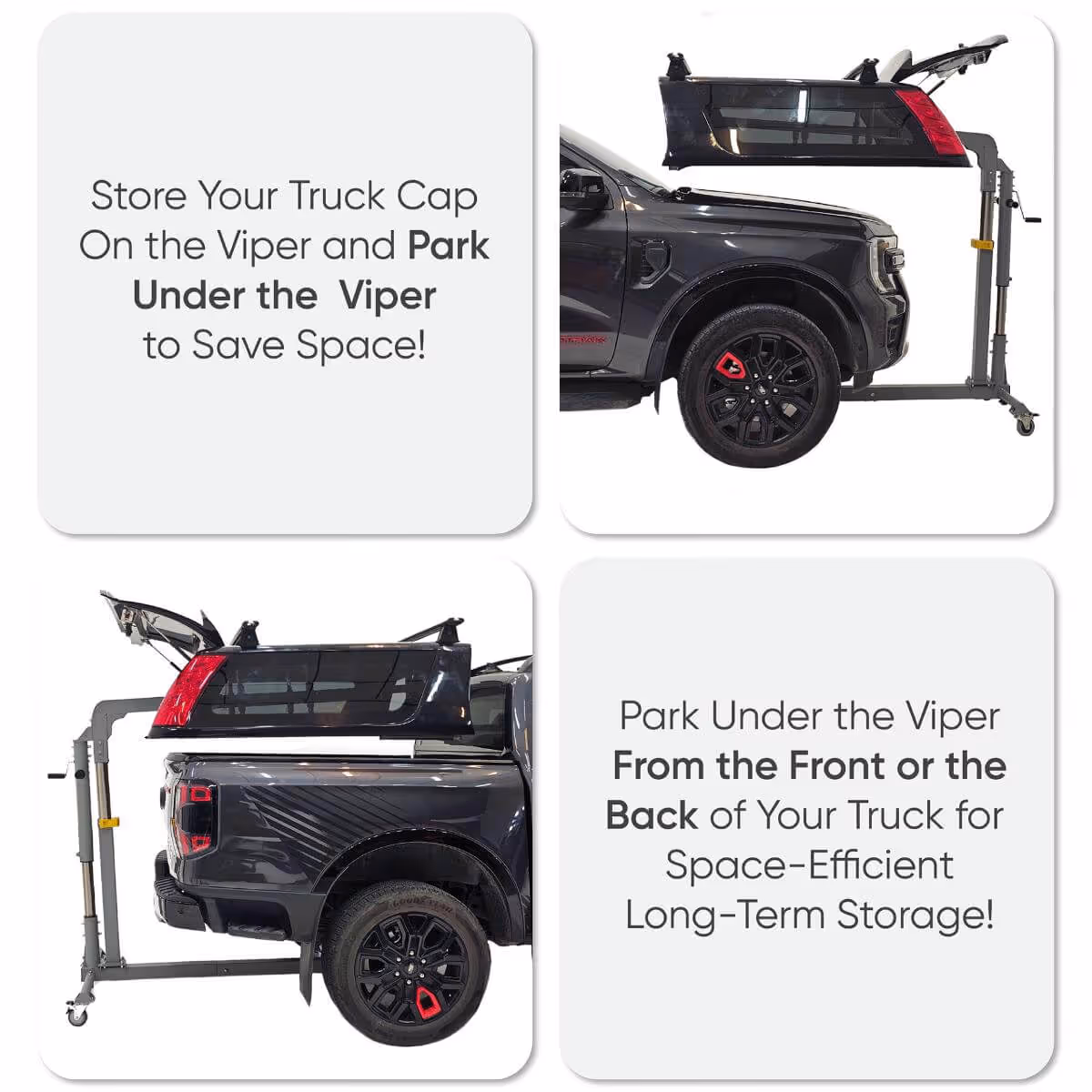 Four-part image showing a truck cap stored on a Viper stand, demonstrating space-saving parking under the Viper from either the front or back of the truck.