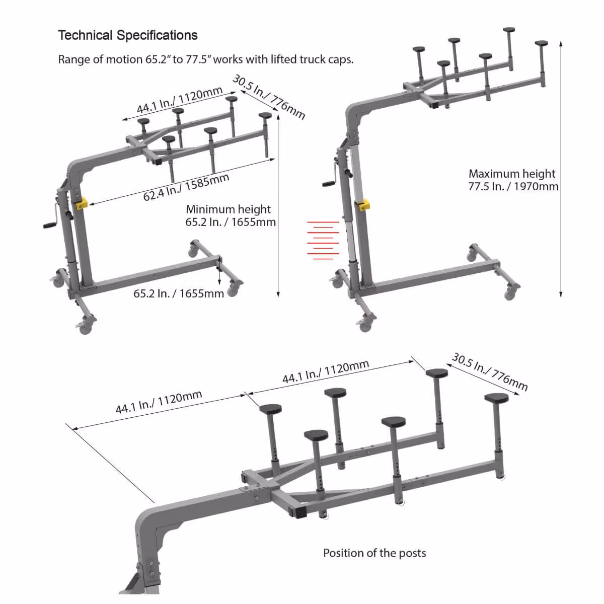 Technical drawing of a gray adjustable truck rack showing dimensions, minimum and maximum heights from 65.2 to 77.5 inches, and positions of adjustable posts.