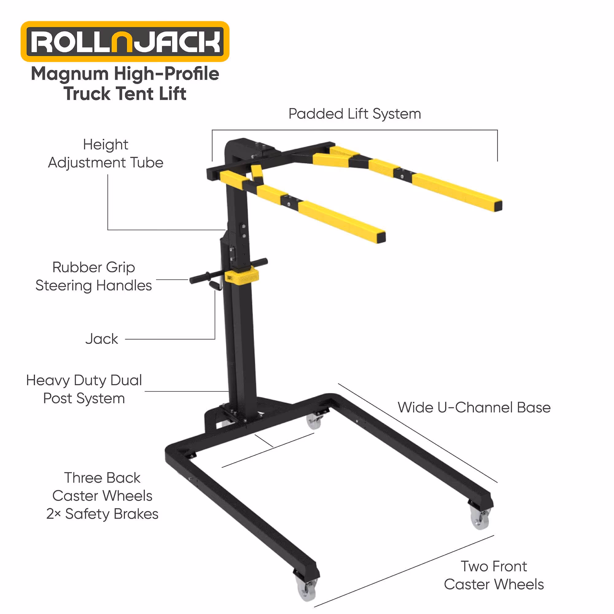 RollnJack Magnum High-Profile Truck Tent Lift showing height adjustment tube, rubber grip steering handles, jack, heavy duty dual post system, padded lift system, wide U-channel base, three back caster wheels with two safety brakes, and two front caster wheels.
