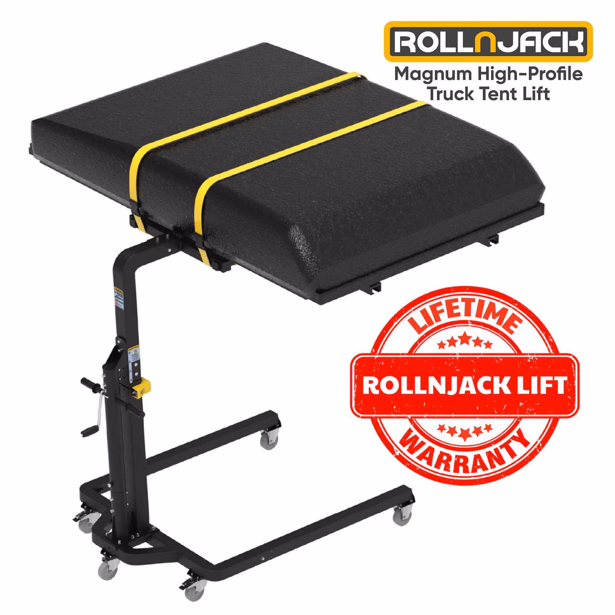 RollnJack Magnum High-Profile Truck Tent Lift with black platform and yellow straps, featuring lifetime warranty stamp.