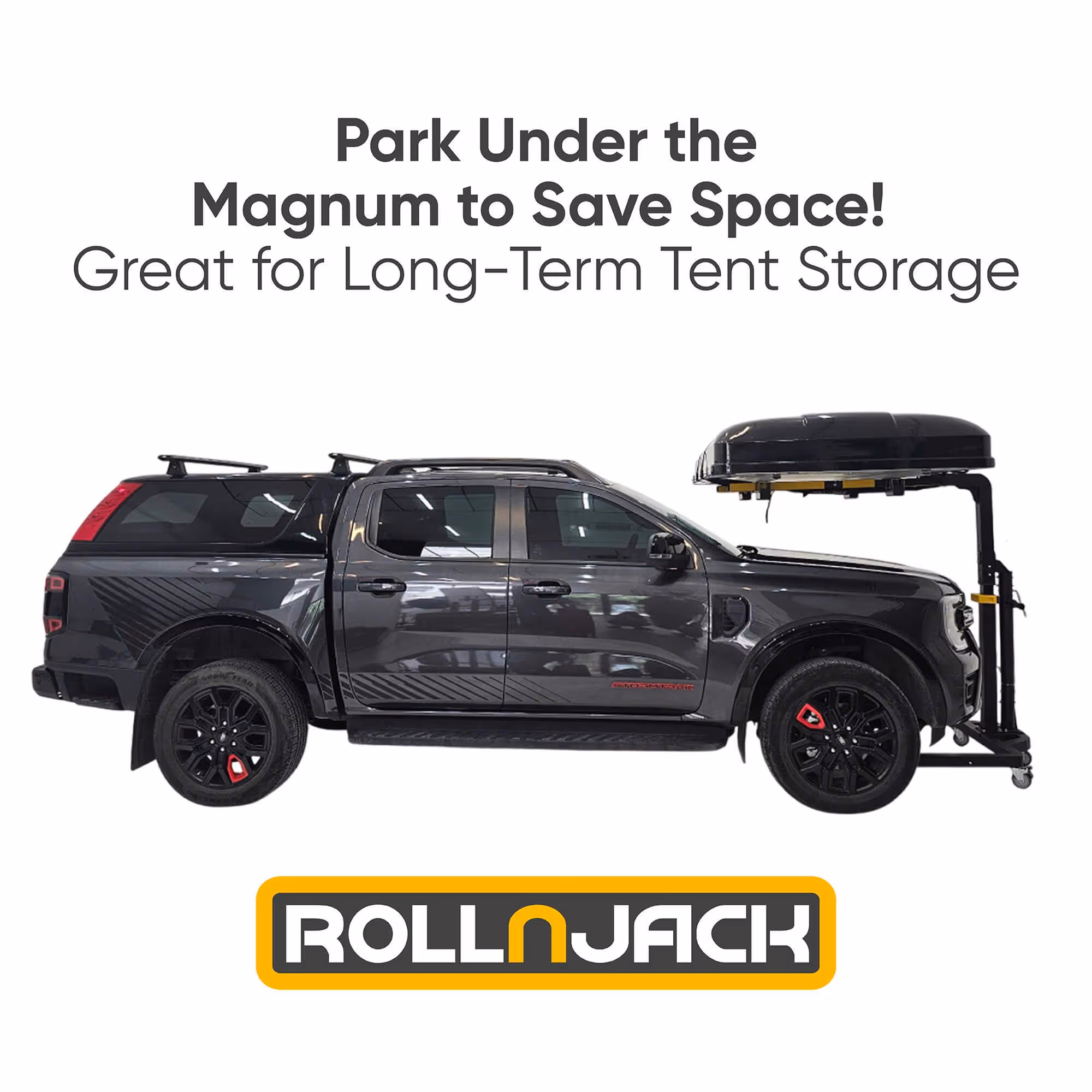 Black pickup truck parked with a raised rooftop tent stored overhead on a RollnJack tent storage system.