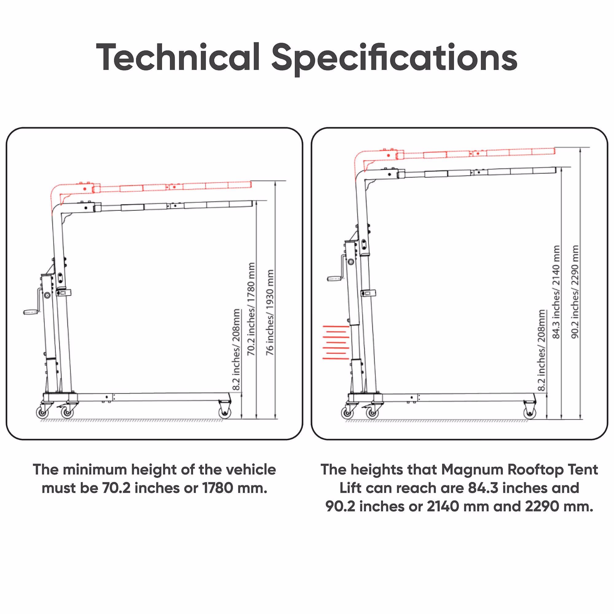 Technical drawing showing minimum vehicle height as 70.2 inches (1780 mm) and Magnum Rooftop Tent Lift heights of 84.3 inches (2140 mm) and 90.2 inches (2290 mm).