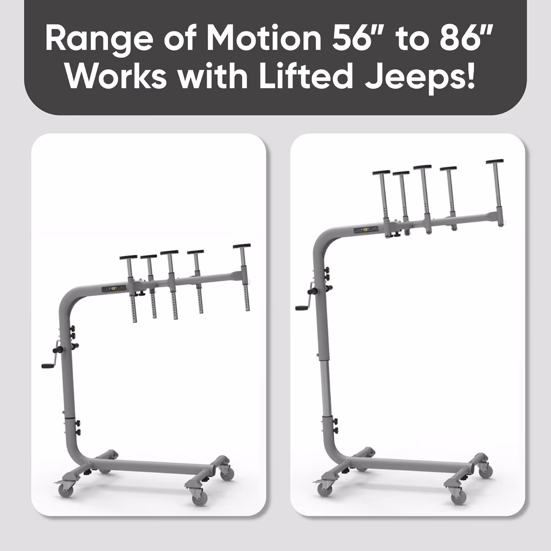 Two views of a gray adjustable Jeep rack with four adjustable vertical supports and caster wheels, showing a range of motion from 56 to 86 inches.