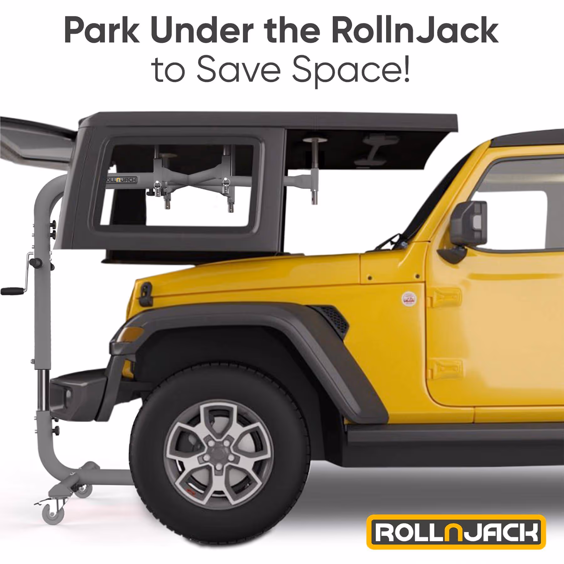 Yellow Jeep with a gray RollnJack device lifting and holding the Jeep's hardtop roof for space-saving storage.
