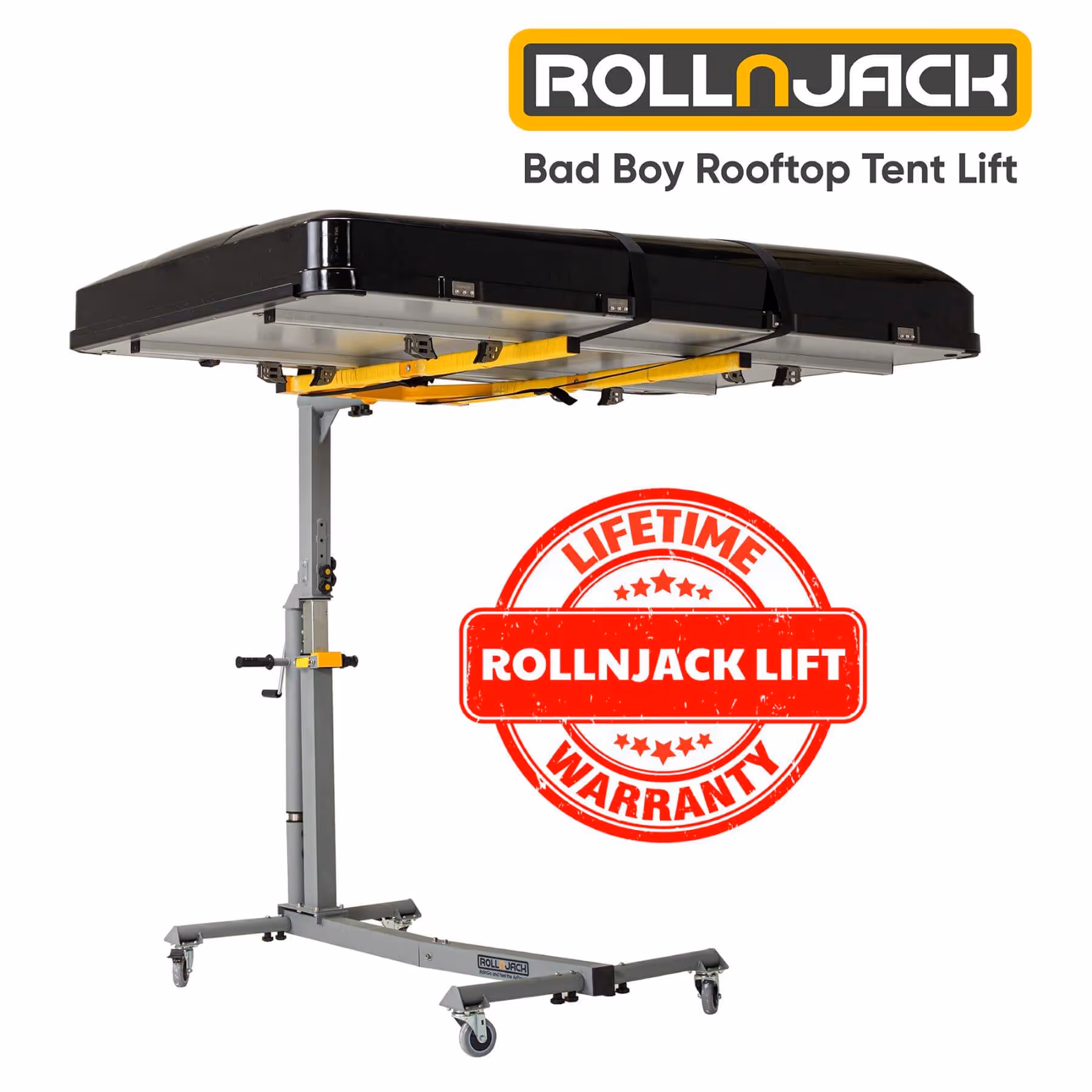 RollnJack Bad Boy Rooftop Tent Lift with black tent elevated, supported by a gray metal lift on wheels.